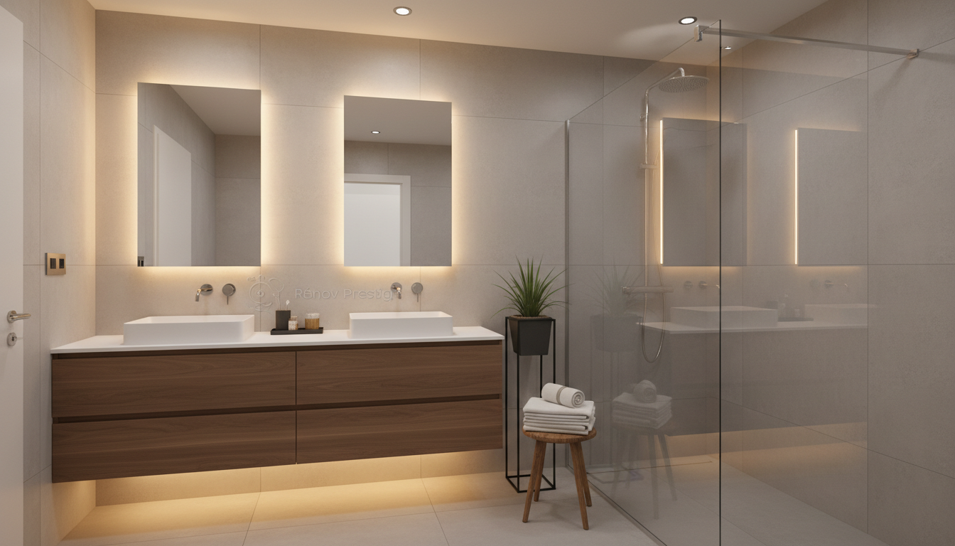 A beautifully designed bespoke bathroom after a complete renovation, featuring large, frameless mirrors mounted above smooth, floating walnut vanities with integrated LED strip lighting below. The crisp, matte porcelain tiles on the floor and walls are softened by the warm glow of recessed ceiling lights. Beside the vanity, a glass walk-in shower enclosure with polished chrome hardware adds a luxurious touch, while subtle decorative accents like geometric planters and folded linens bring a sense of lived-in comfort. Captured from an eye-level angle with a slight tilt to showcase depth, the composition uses clean lines and balanced spacing. The atmosphere is spa-like and tranquil, embodying elegance and expert oversight—the signature of Rénov Prestige. Artistic style is minimalist and contemporary, with an emphasis on premium finishes.