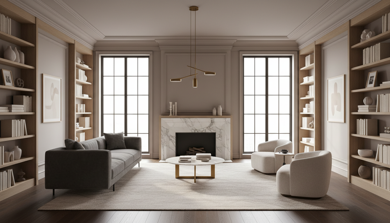 A gorgeously renovated modern living room featuring smooth, matte-finished taupe walls, intricate crown moldings, and custom-built floor-to-ceiling shelving in light oak veneer. Highlighted by a chic marble fireplace and minimalist pendant lighting fixtures, the space is arranged with plush, textural area rugs and tasteful decorative accents in brushed gold. Framed by expansive windows, soft natural daylight fills the room, casting gentle, flattering shadows and accentuating the depth and craftsmanship of materials. The camera frames the scene at eye level with a balanced, centered composition, capturing every detail with sharp clarity. The mood exudes serene luxury and contemporary elegance, embodying the complete and refined approach of Rénov Prestige. The artistic style is clean, modern, and authentically high-end, perfectly aligning with the brand’s renovation expertise.
