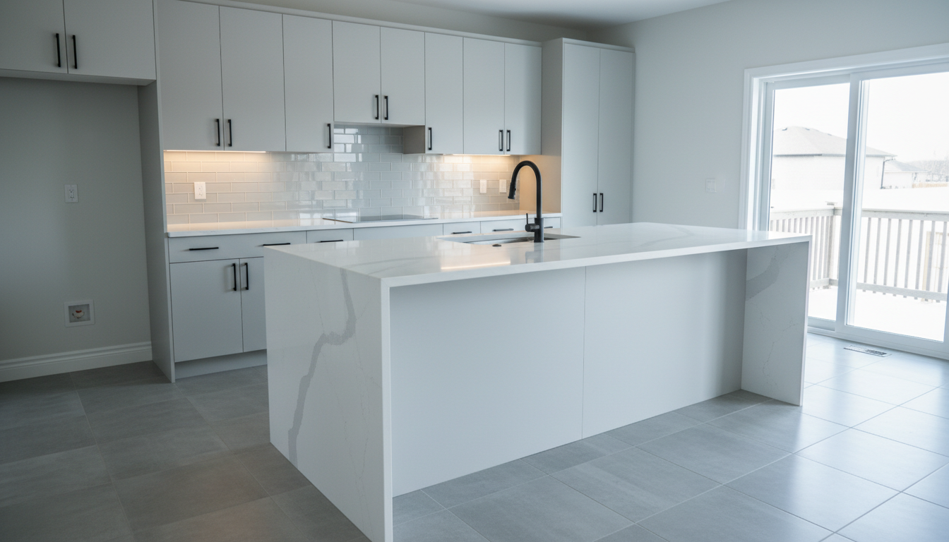 A stunning kitchen renovation scene showcasing a seamless quartz countertop island with an integrated sink and waterfall edge, set against a backdrop of matte white cabinetry and sleek brushed matte black hardware. The surrounding environment features large porcelain floor tiles in subtle grey tones and discreet under-cabinet LED strip lighting, which illuminates glossy, glass subway tiles along the backsplash. Cool daylight streams in through a nearby patio door, creating natural highlights on the countertop and subtle reflections on the cabinetry. Captured from a slightly elevated perspective, the shot uses a rule of thirds composition for a harmonious, open look. The mood is fresh, functional, and welcoming, demonstrating the turnkey precision and quality Rénov Prestige delivers. The style remains modern, sophisticated, and meticulously detailed.